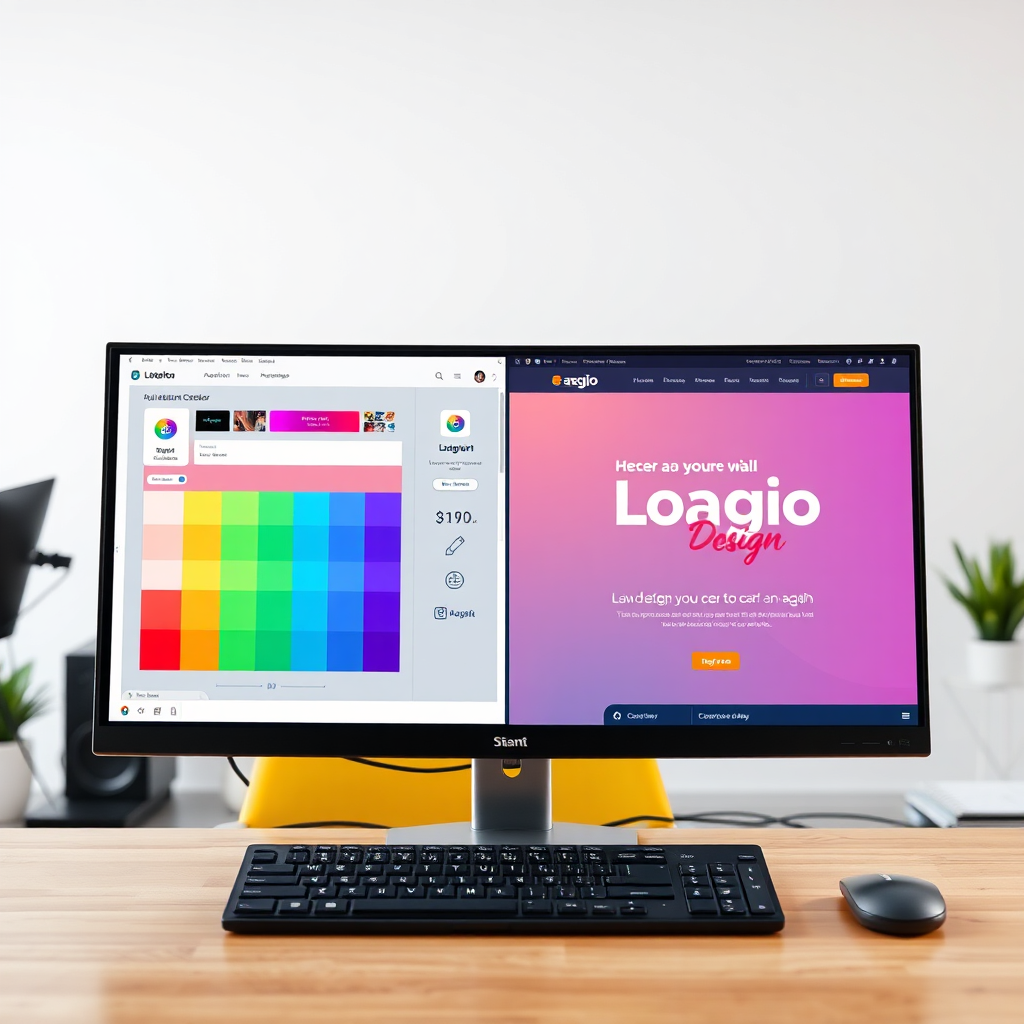 A visually compelling photorealistic image displaying a split-screen interface. One side shows a logo design tool with various customization options (color palettes, font selections). The other side shows a website dynamically updating to reflect the applied branding. The background is a modern and minimalist workspace. Lighting is bright and even. The color scheme focuses on creativity and flexibility, using a diverse range of vibrant hues. The camera angle is a medium shot capturing both sides of the interface. Subtle textures include the matte finish of the monitor and the smooth surface of the desk.