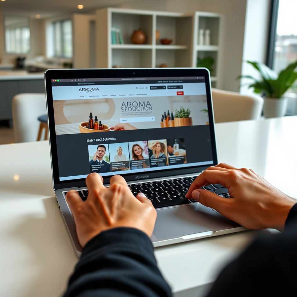 A wide shot of a person's hands navigating the Aroma Seduction website on a laptop. The screen displays the website's user-friendly interface with clearly visible categories and search options. The surrounding environment is clean and modern. Lighting is natural and balanced. Technical Specs: 4K, clear screen display, realistic hand details.