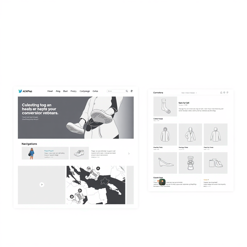 A wireframe of an ecommerce website, showcasing the layout and navigation of key pages. The wireframe is clean and minimalist, with a focus on usability and accessibility. The design is user-centered and data-driven. Style references: UX design, wireframing tools. 4K resolution, high quality.