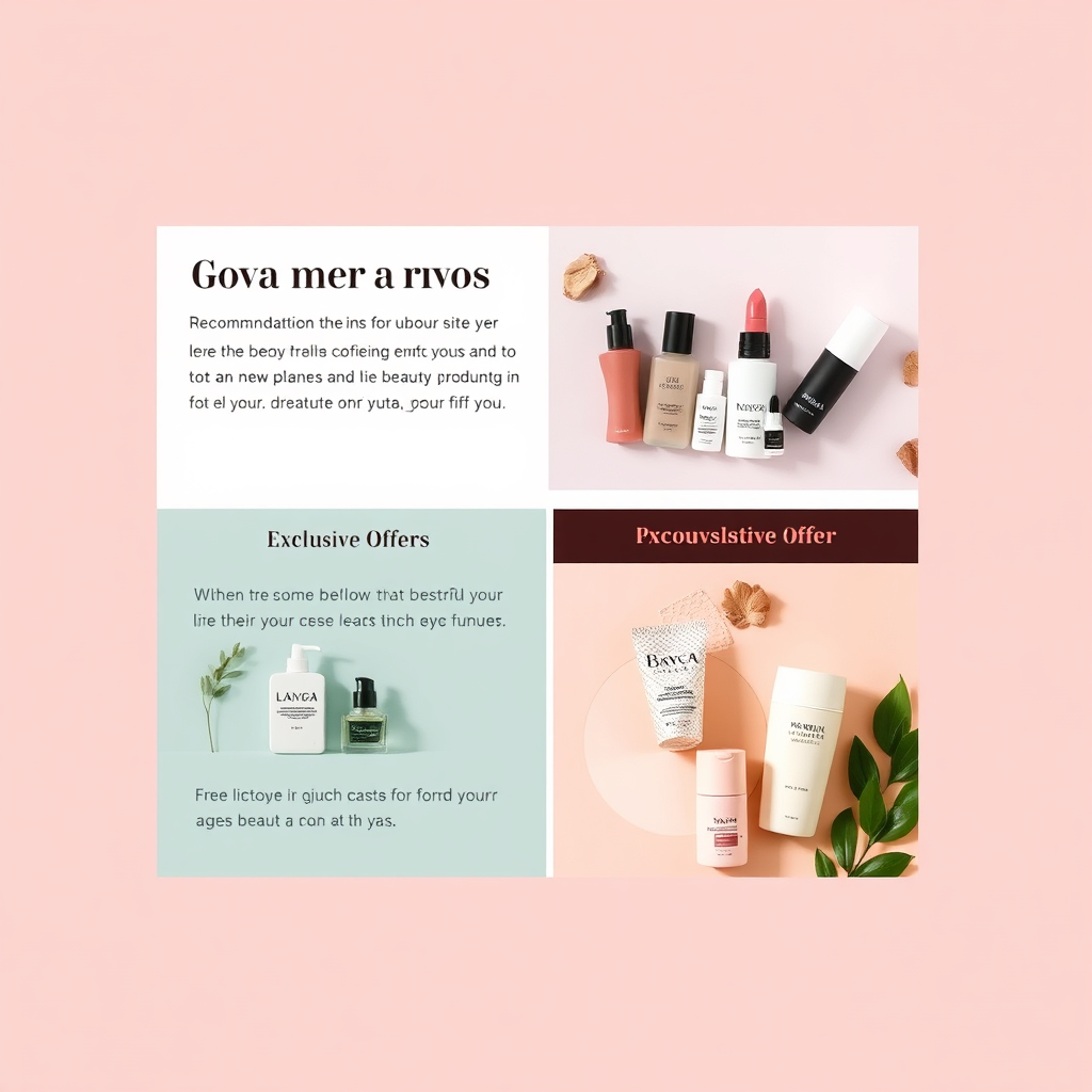 An aesthetically pleasing email marketing campaign featuring a curated selection of beauty products. The email includes personalized recommendations, exclusive offers, and a clear call-to-action button. The design is clean and elegant, with high-quality images and engaging copy. Style references: email marketing design, newsletter templates. 4K resolution, high quality.