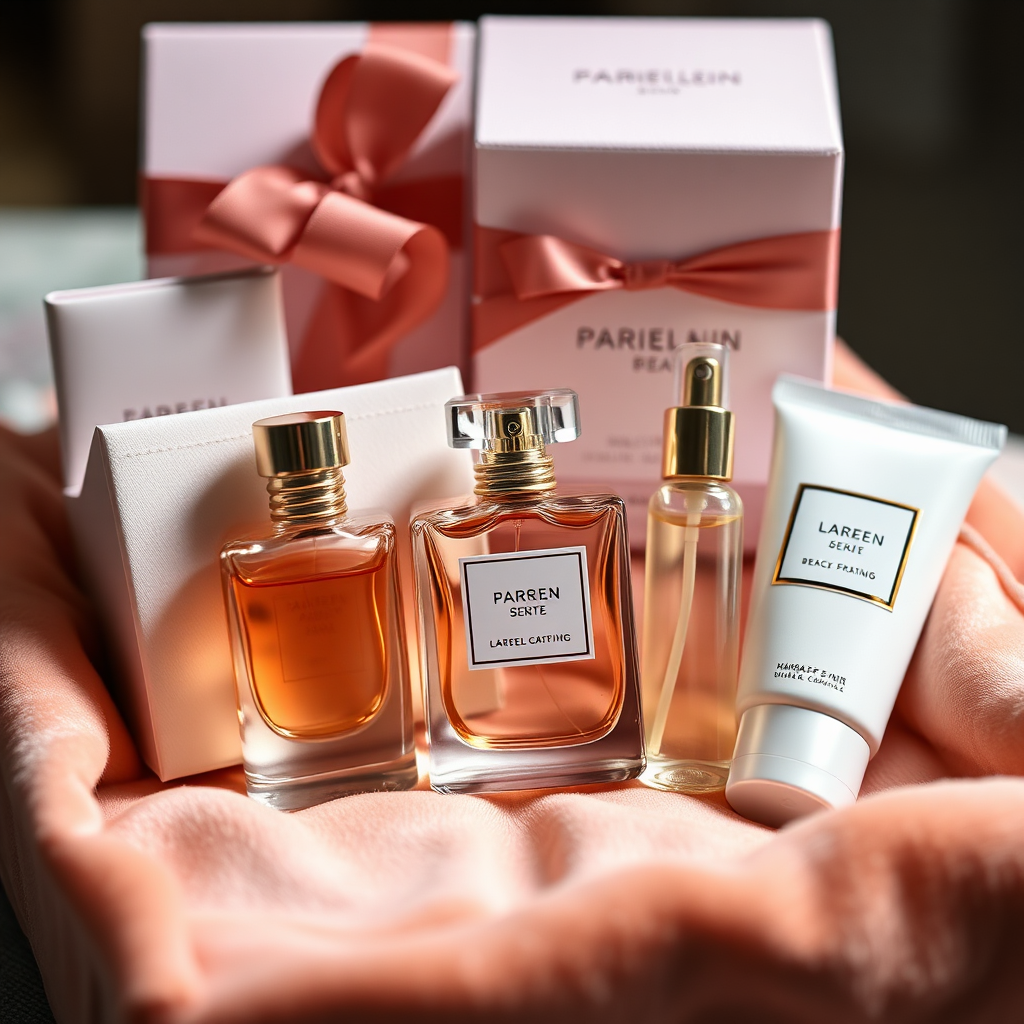 An exquisitely arranged perfume gift set, featuring a beautiful perfume bottle, complementary accessories (e.g., lotion, travel-sized spray), and elegant packaging. The set is displayed on a luxurious surface, such as velvet or silk. Lighting is soft and highlights the details of each item. Technical specs: 4K resolution, close-up shot.