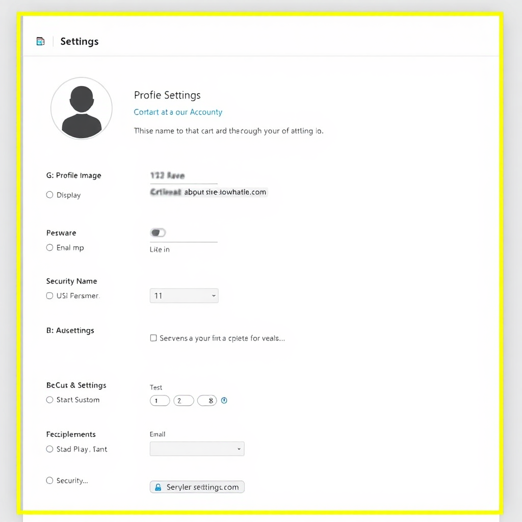 An image depicting a user account screen with account settings highlighted. Settings such as profile image, display name, email, and security settings should be the focus.