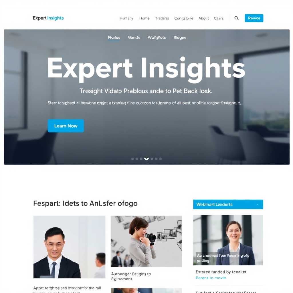An image depicting a website featuring expert insights and thought leadership content. The scene highlights articles, case studies, and webinars. The design is professional and authoritative. The color palette is sophisticated and trustworthy.