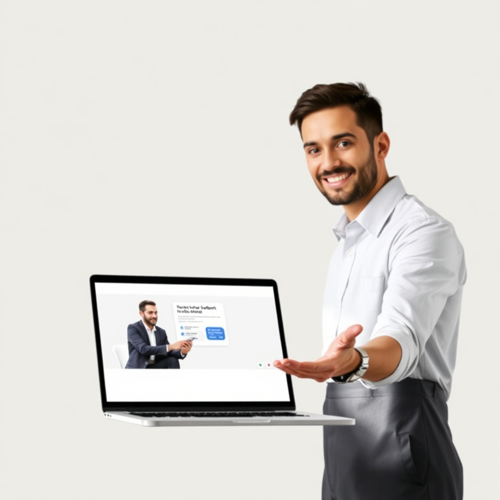 An image of a person offering consultation and advice. A laptop screen is displayed for the person to work on. The style is clean and modern.