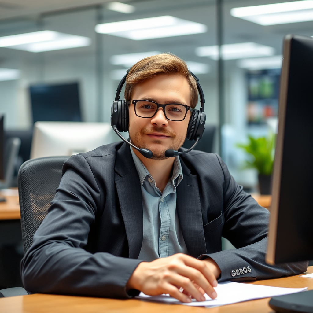 An image of someone sitting in a support center with a headset looking directly at the camera to make a user feel comfortable.