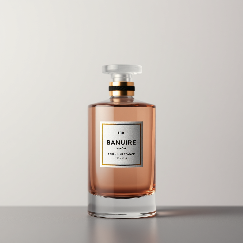 Capture a high-resolution, photorealistic image of a perfume bottle against a neutral background. Focus on the texture of the glass, the details of the label, and the overall design of the bottle. The lighting should be soft and diffused, creating a sense of elegance and sophistication. Color palette: subtle and refined, allowing the perfume bottle to stand out. Style: minimalist and modern, emphasizing the quality and craftsmanship of the product. Technical specs: 4K resolution, with a focus on capturing fine details.