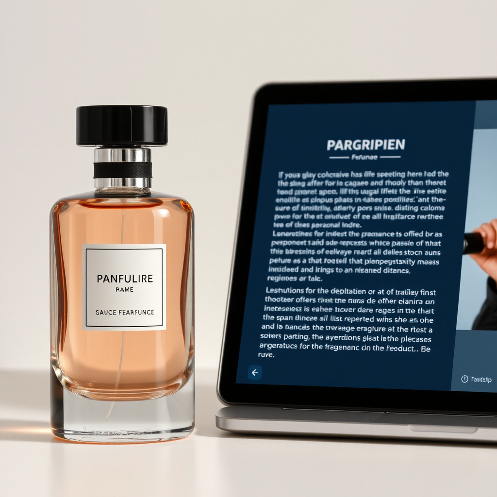 Create a close-up shot of a perfume bottle with a product description displayed next to it on a tablet or laptop screen. Focus on the details of the bottle and the clarity of the text. The background should be clean and uncluttered, emphasizing the product information. Color palette: neutral tones with subtle accents of color from the perfume bottle. Style: informative and professional, highlighting the key features of the fragrance. Technical specs: 4K resolution, ensuring readability of the text and sharpness of the image.