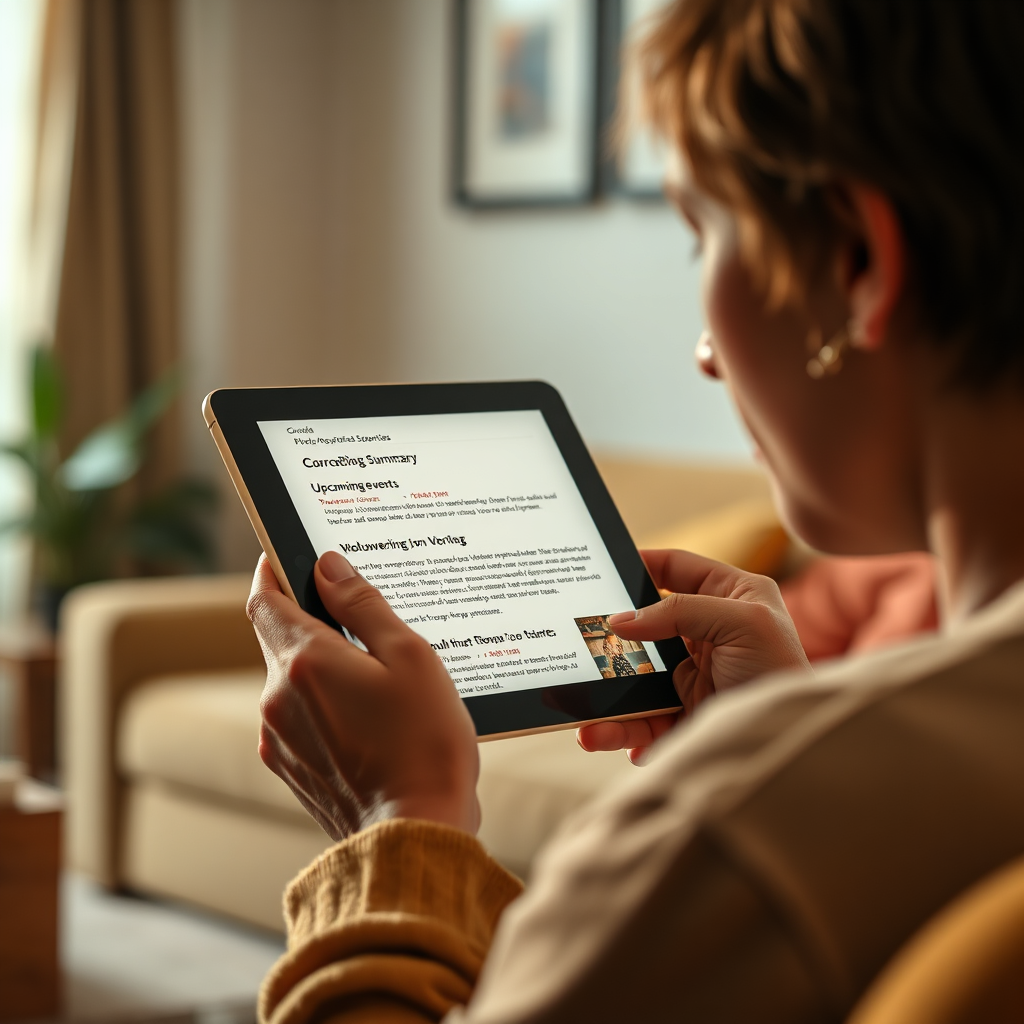 Create a photorealistic image of a person engrossed in reading a church blog post on a tablet. The background is a cozy living room with soft lighting, suggesting a comfortable and personal experience. The blog post features a sermon summary, upcoming events, and a call to action for volunteering. Use warm, inviting colors and focus on the user's expression to convey a sense of engagement and spiritual connection. The image should emphasize the importance of quality content in fostering a sense of community and spiritual growth.