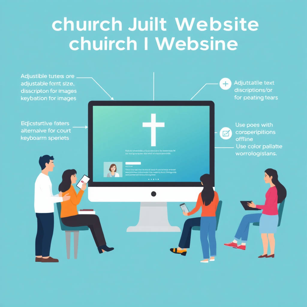 Create a stylized image representing a church website that is designed with accessibility in mind. Show visual cues such as adjustable font sizes, alternative text descriptions for images, and keyboard navigation options. Depict diverse individuals, including those with disabilities, interacting with the website seamlessly. Use a color palette that is both visually appealing and accessible to people with visual impairments. The overall style should emphasize the importance of inclusivity and accessibility in creating a welcoming online presence for a church.