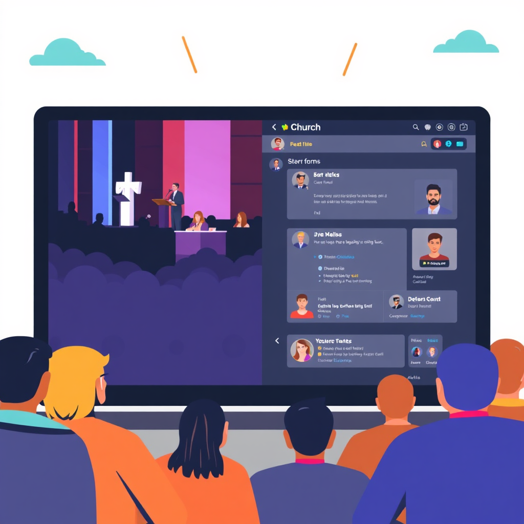 Create a stylized image showing a split-screen view of a church service being live-streamed on one side and an online forum with active discussions on the other. Use vibrant colors and dynamic compositions to represent the energy of online interaction. Depict icons and avatars representing different users participating in the online community. The overall style should be modern and engaging, emphasizing the power of interactive features in fostering a sense of community and connection within a church website.