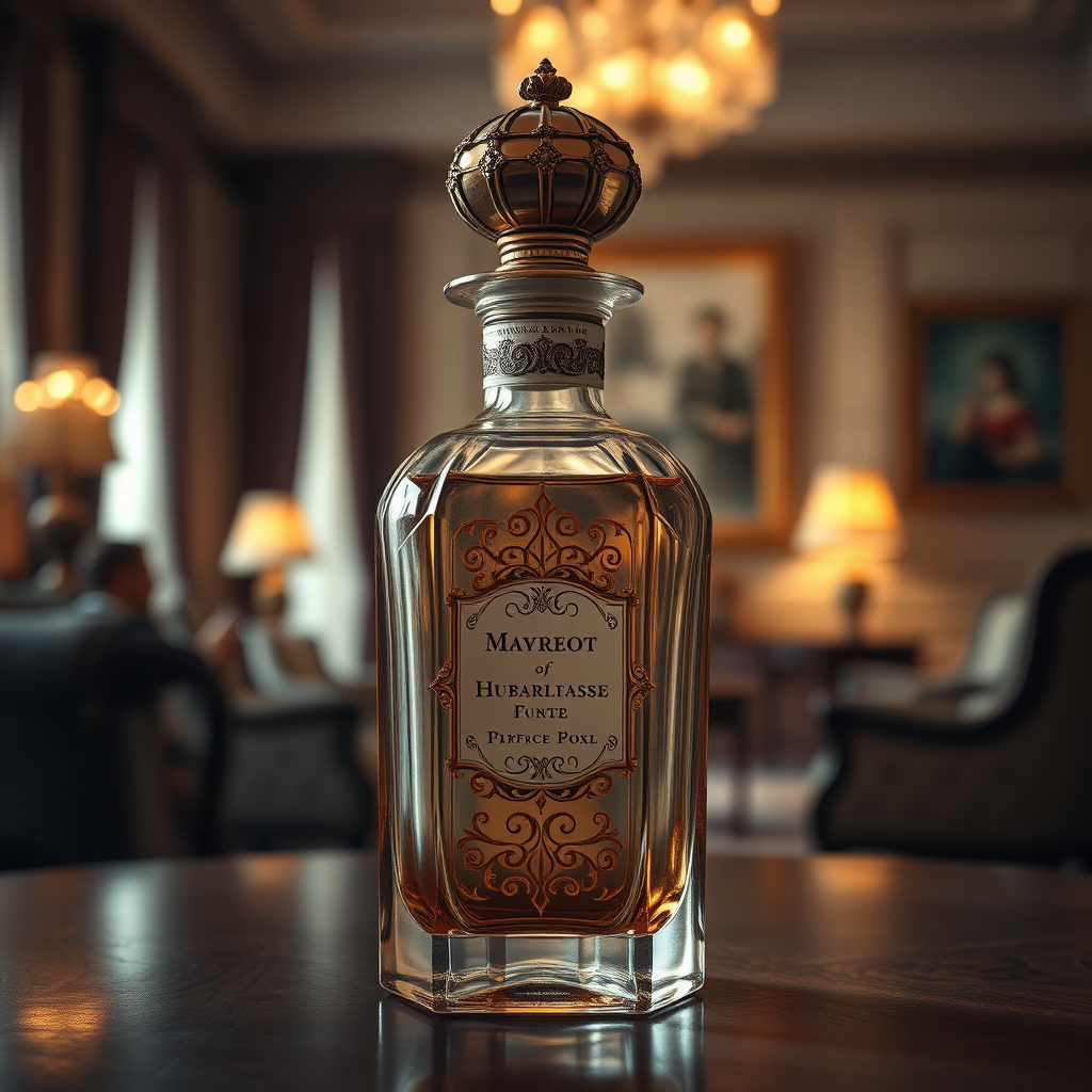 Create a visual featuring a vintage-style perfume bottle with intricate detailing, set against a backdrop of a classic, luxurious interior. Soft, warm lighting should emphasize the timeless elegance of the scene. The color palette should be muted and sophisticated, with shades of gold, cream, and amber.
