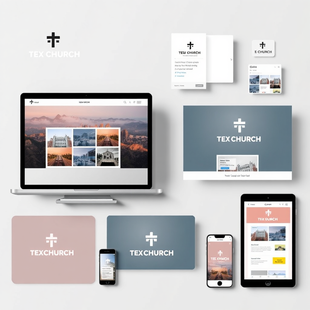 Create a visually appealing image showcasing a church's brand identity across various online platforms, including its website, social media profiles, and email newsletters. Use a consistent color palette, logo, and typography to create a cohesive and recognizable brand image. Depict various devices, such as laptops, smartphones, and tablets, displaying the church's branding. The overall style should be modern and professional, emphasizing the importance of consistent branding in reinforcing a church's message and values.