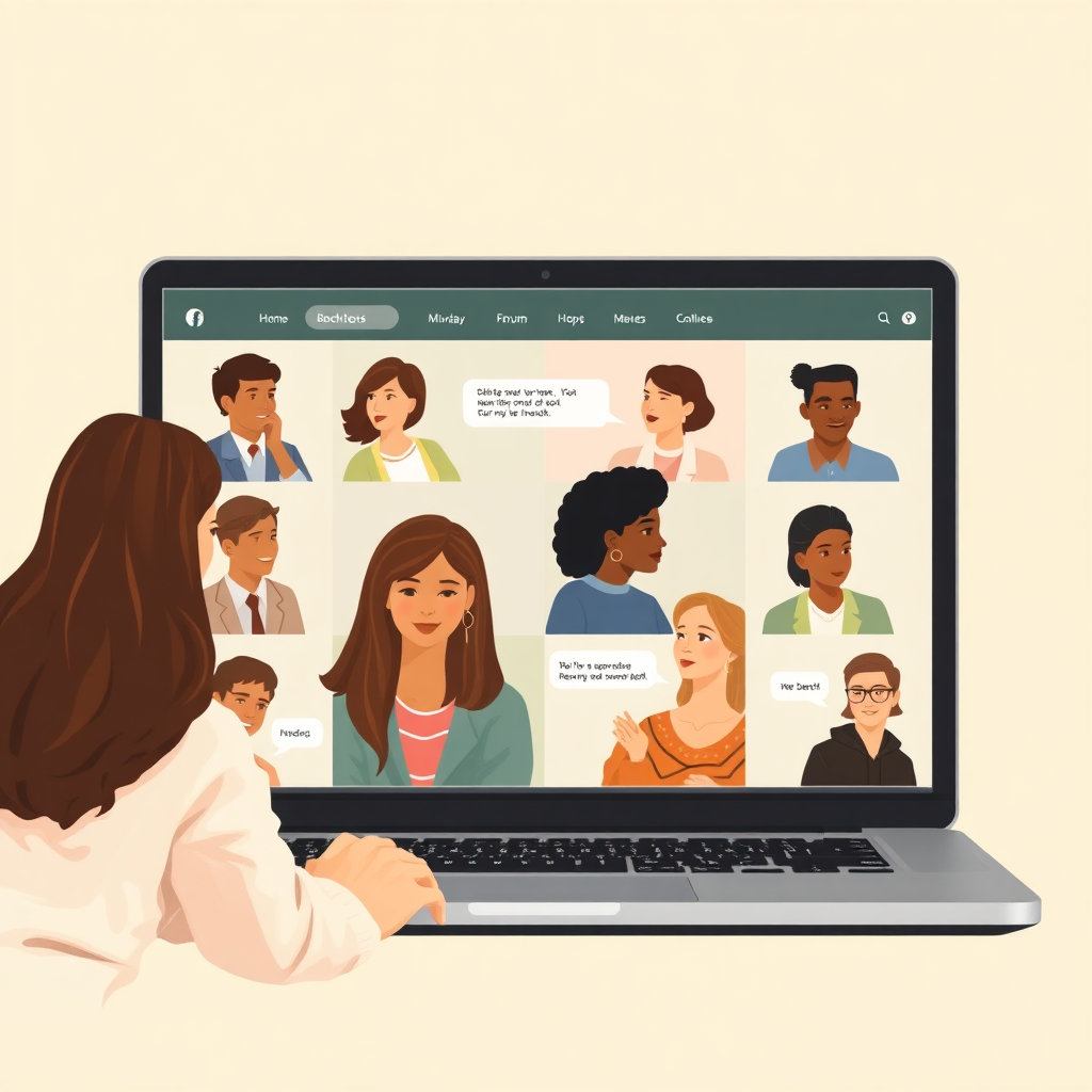 Create a warm and inviting image of an online community forum on a church website. Show diverse individuals engaging in conversations, sharing messages, and supporting one another. Use a soft, natural color palette and focus on the expressions of the participants to convey a sense of connection and empathy. The background should be subtle and unobtrusive, allowing the focus to remain on the interactions within the forum. The overall style should emphasize the importance of online community building in fostering a sense of belonging and support within a church congregation.