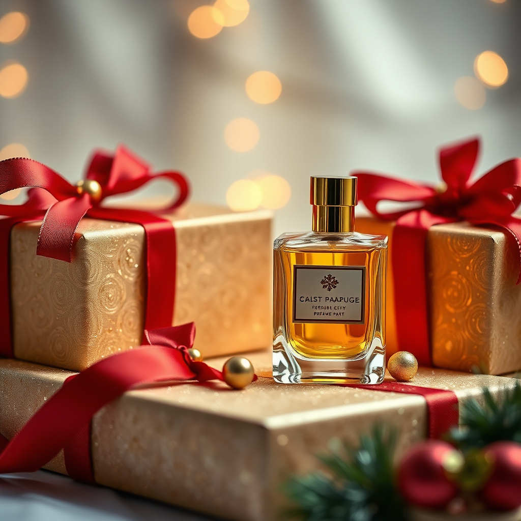 Create an image showcasing a beautifully wrapped perfume gift, with ribbons and embellishments. The lighting should be soft and festive, emphasizing the elegance of the presentation. Use a rich color palette with gold, red, and green accents.