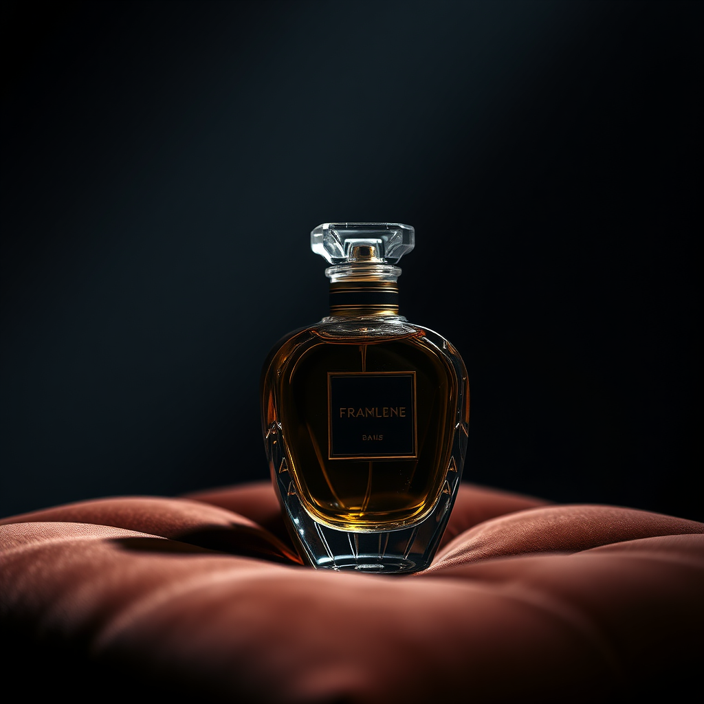 Create an image showcasing a single, exquisitely designed perfume bottle resting on a velvet cushion. The lighting should be dramatic, emphasizing the bottle's unique shape and texture. Use a dark, rich color palette with gold accents. The camera angle should be close-up and intimate, highlighting the artistry of the bottle.