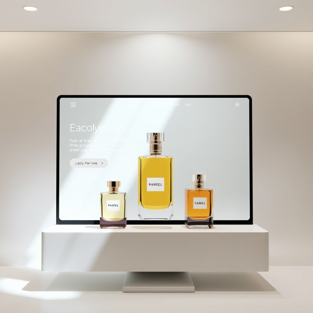 Create an image showcasing a user-friendly e-commerce website interface with elegant perfume bottles displayed prominently. The lighting should be bright and inviting, emphasizing the ease of navigation. Use a clean, modern color palette with white, gray, and pastel accents.