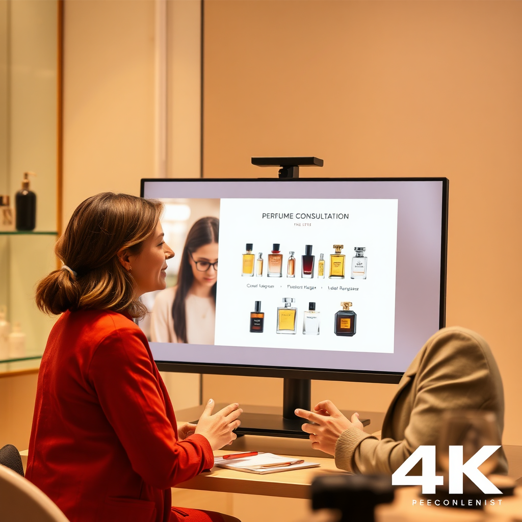 Depict a customer receiving a personalized perfume consultation, either online or in person. Focus on the interaction and the tailored advice being given. Color palette: warm and inviting, creating a sense of trust and rapport. Style: approachable and informative, highlighting the personalized service. Technical specs: 4K resolution, capturing the connection between the consultant and the customer.