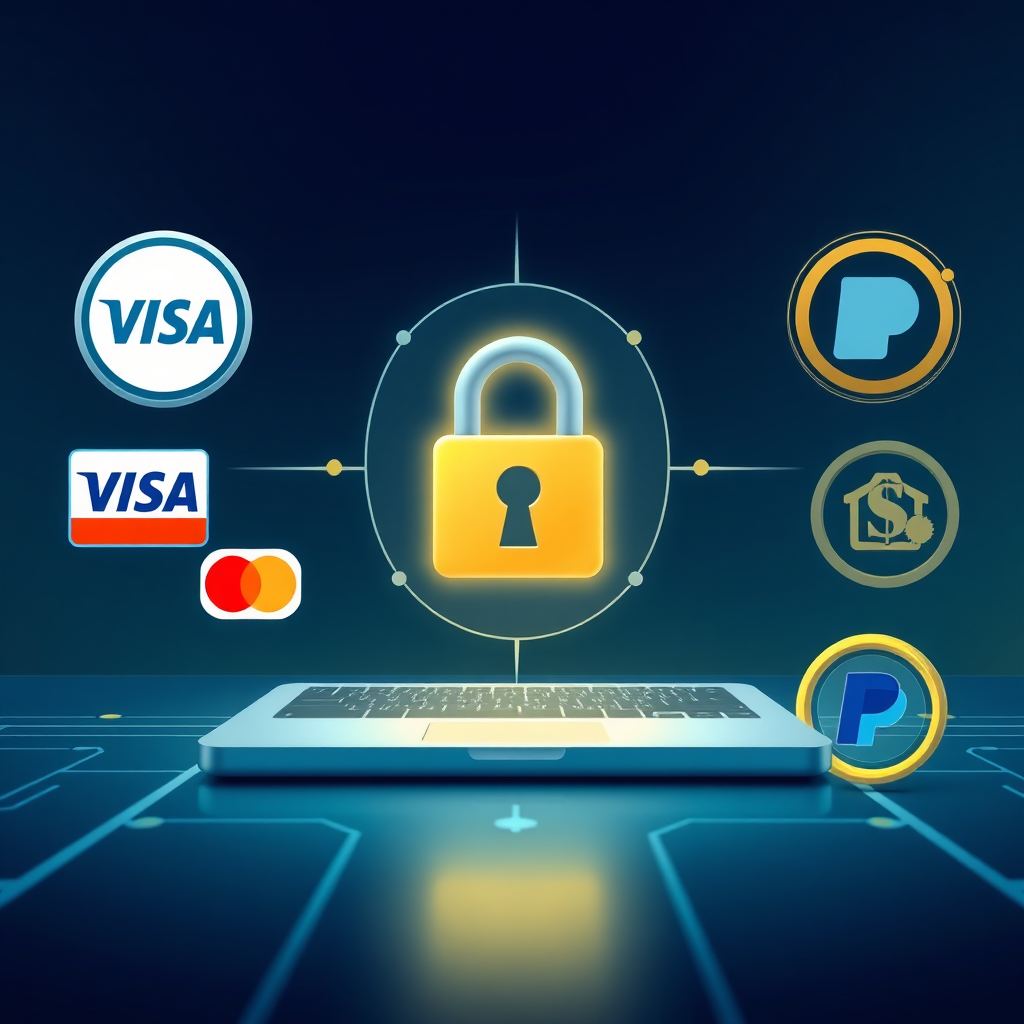 Depict a secure online payment gateway with recognizable payment logos (Visa, Mastercard, PayPal, etc.). Incorporate visual elements that convey security, such as a padlock icon and encrypted symbols. The scene should inspire trust and confidence in the online transaction process. Color palette: calming blues and greens, with accents of gold or silver. Style: professional and trustworthy, similar to security badges found on reputable e-commerce sites. Technical specs: 4K resolution, clean and crisp visuals.