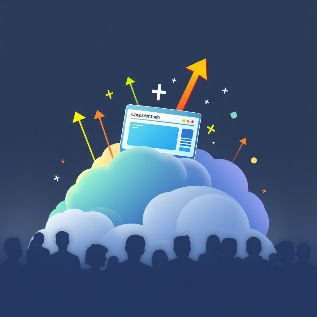 Depict a stylized representation of a church website ascending through a cloud of search engine results, breaking through to the top position. Use bright, optimistic colors and visual metaphors such as upward-pointing arrows and glowing icons to convey the idea of improved search engine ranking. In the background, show faint silhouettes of people finding and engaging with the website. The overall style should be clean and modern, emphasizing the benefits of SEO optimization for expanding a church's online reach.