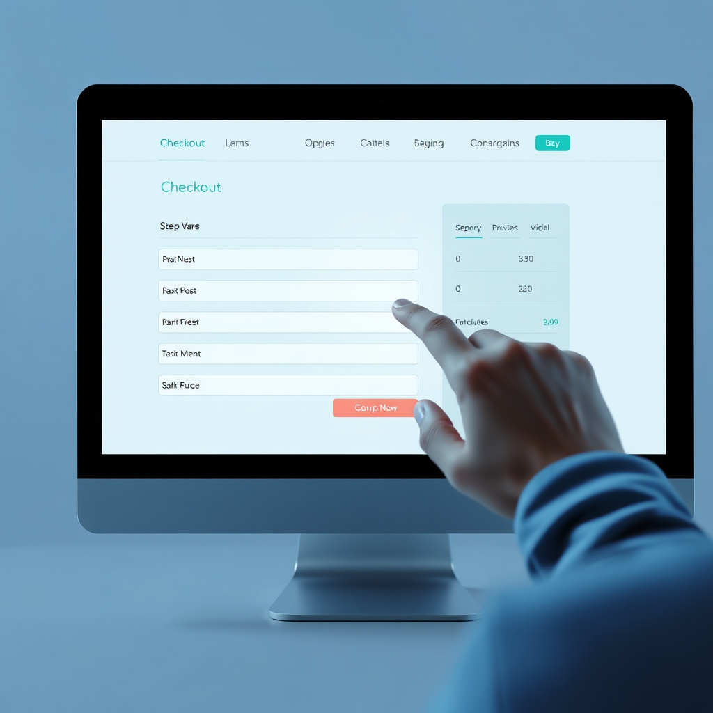Depict a user navigating a simplified checkout page with clear and concise form fields. Show the progress bar indicating the steps to complete the purchase. Focus on the ease and efficiency of the checkout process. Color palette: calming blues and greens, with clear calls to action. Style: minimalist and user-friendly checkout design. Technical specs: 4K resolution, highlighting the clean layout and the intuitive navigation.