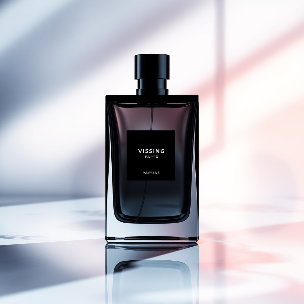 Envision a sleek, minimalist perfume bottle with clean lines, placed on a reflective surface with dynamic lighting. The image should evoke a sense of modernity and sensuality. Use a bold color palette with black, silver, and vibrant accents.