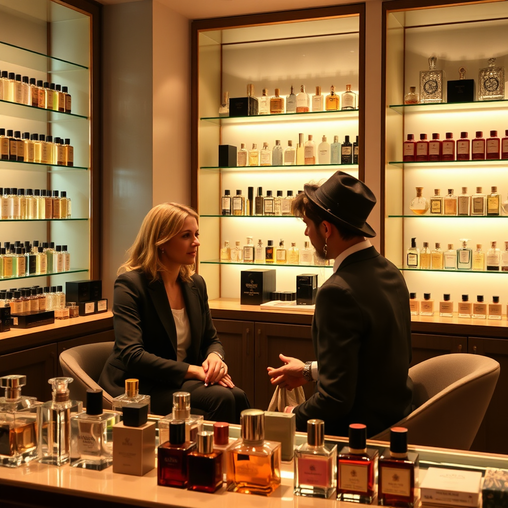 Imagine a one-on-one consultation with a fragrance expert, surrounded by perfume bottles and scent samples. The lighting should be warm and inviting, creating a sense of trust and expertise. The color palette should be soft and neutral.
