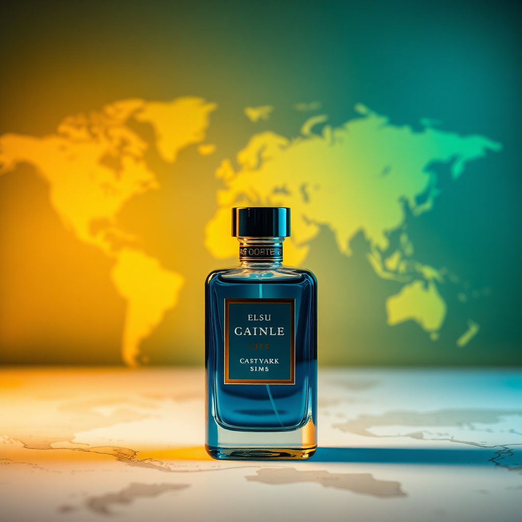 Imagine a perfume bottle being carefully packaged and shipped, with a map of the world in the background. The lighting should be warm and inviting, conveying a sense of global reach. Use a vibrant color palette with blue, green, and yellow accents.