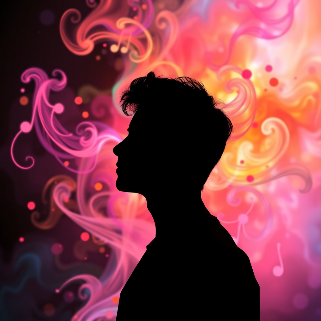 Imagine a person's silhouette surrounded by swirling, colorful fragrance notes. The background should be abstract and dreamy, representing the power of scent to evoke emotions and memories. Use a vibrant color palette with soft, ethereal lighting. The camera angle should be a wide shot, emphasizing the person's connection to the fragrance.
