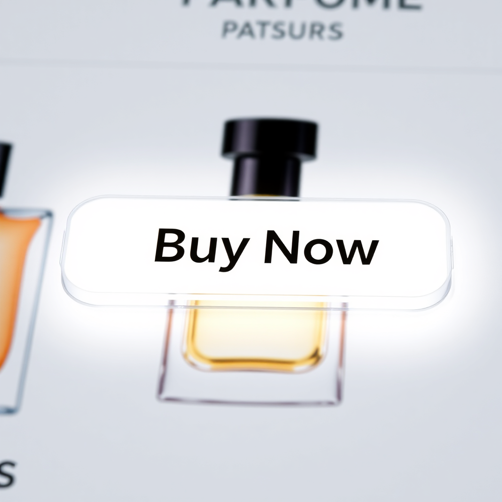 Showcase a 'Buy Now' button prominently displayed on a perfume product page. The button should stand out and encourage immediate purchase. Focus on the convenience and speed of the 'Buy Now' option. Color palette: vibrant and engaging, with a clear call to action. Style: modern and direct e-commerce design. Technical specs: 4K resolution, highlighting the visibility and appeal of the 'Buy Now' button.