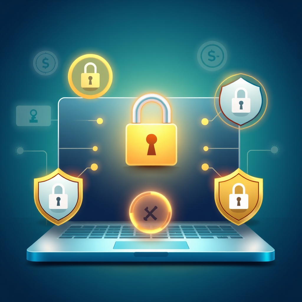 Showcase a secure online shopping environment with a padlock icon and encrypted symbols. Highlight the various security measures in place to protect customer data. Color palette: calming blues and greens, with accents of gold or silver. Style: professional and trustworthy, emphasizing the security of the platform. Technical specs: 4K resolution, clear and crisp visuals.