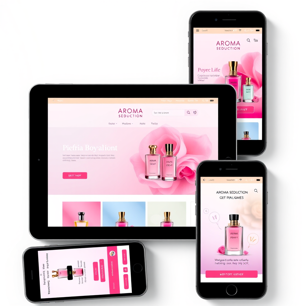 Showcase Aroma Seduction's e-commerce store on various mobile devices (smartphones, tablets). The display should be responsive and adapt seamlessly to different screen sizes. Focus on the user experience and how easy it is to browse and purchase perfumes on mobile. Color palette: vibrant and engaging, with clear call-to-action buttons. Style: modern and user-friendly mobile design. Technical specs: 4K resolution, highlighting the mobile responsiveness of the website.