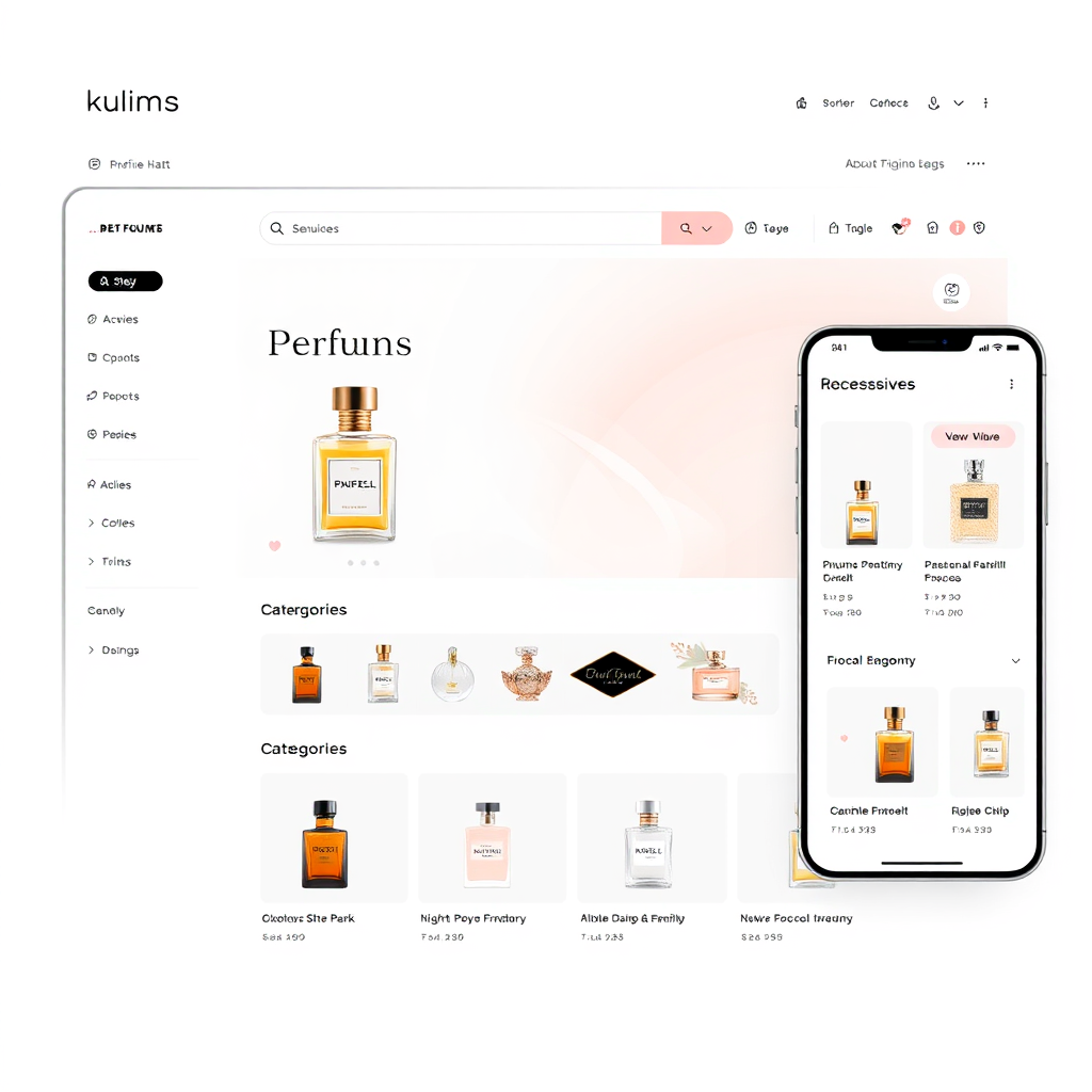 Visualize a clean and intuitive e-commerce website interface similar to Jumia or Kilimall, specifically for perfumes. Show clear navigation menus, search bars, and product categories. The layout should be responsive and mobile-friendly. Focus on ease of use and visual clarity. Color palette: clean whites, soft grays, and accent colors drawn from perfume packaging. Style: minimalist, modern UI/UX design. Technical specs: 4K resolution, showcasing the website's functionality.