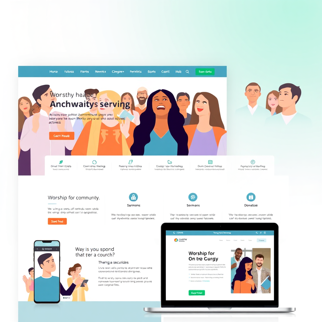 Visualize a clean, modern church website design showcasing a diverse range of faces engaged in worship, community service, and educational activities. Use a flat design style with vibrant, uplifting colors. Focus on the layout's intuitive navigation and responsive design across multiple devices. Depict icons representing different sections of the website, such as events, sermons, and donations. The image should convey a sense of organization, accessibility, and modernity, reflecting a church embracing technology to expand its reach.
