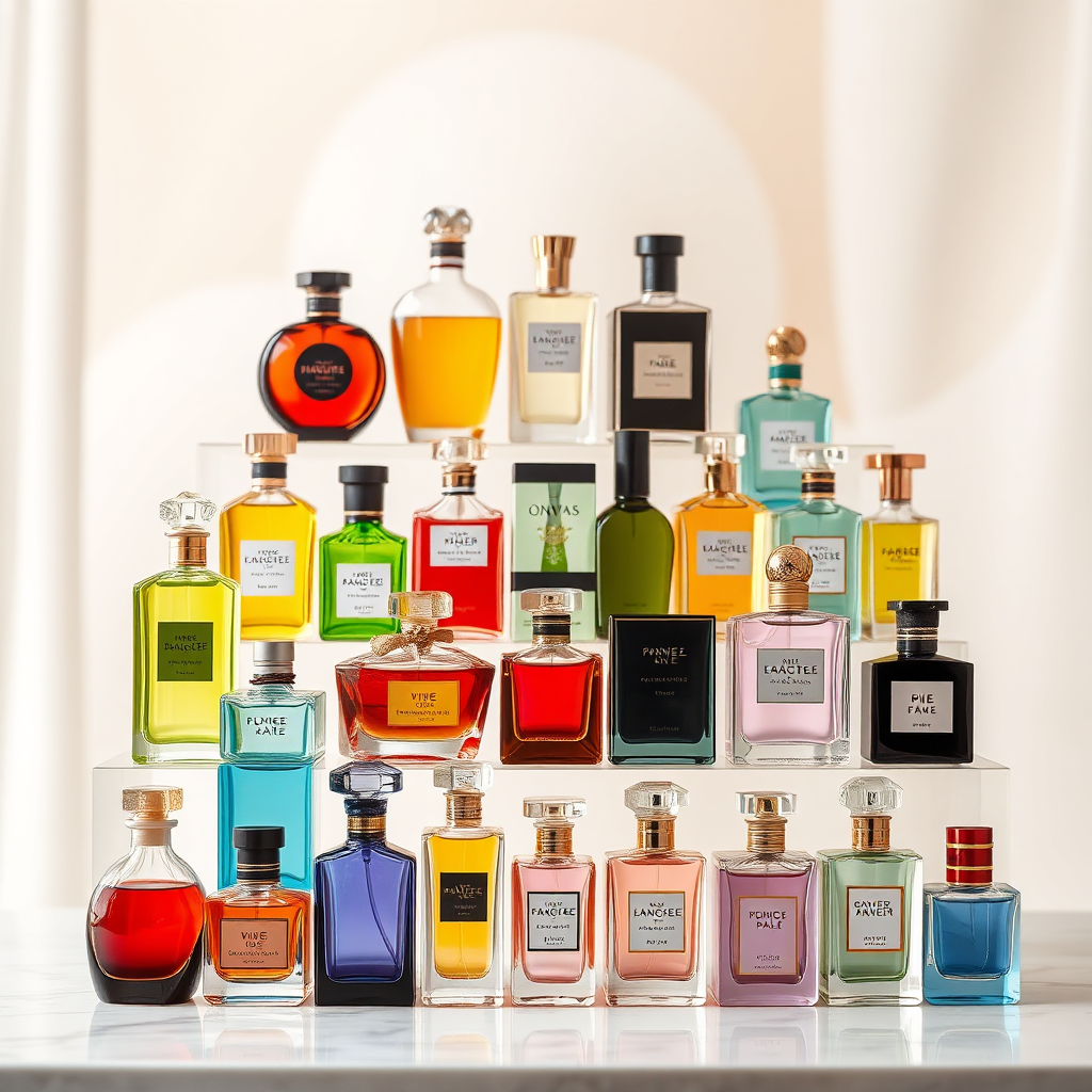 Visualize a diverse collection of 20 perfume bottles, each with a unique shape, color, and design. Arrange them artfully on a tiered display, highlighting their individual beauty and appeal. The background should be softly blurred, creating a sense of depth and mystery. Color palette: a harmonious blend of colors, reflecting the different fragrance categories. Style: elegant and sophisticated, reminiscent of a high-end perfume boutique. Technical specs: 4K resolution, showcasing the intricate details of each bottle.