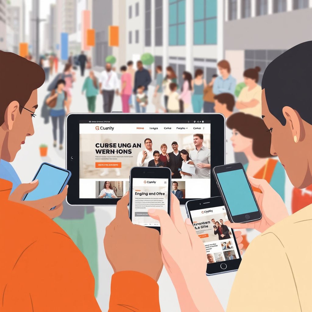 Visualize a diverse group of people using smartphones and tablets to access a church website. The website should be responsive and adapt seamlessly to different screen sizes. The background should depict a modern urban environment with various people engaged in their daily lives. Focus on the ease of use and accessibility of the website on mobile devices, emphasizing its importance for reaching a broader audience. Use bright, inviting colors and a clean design style to convey a sense of modernity and inclusivity.