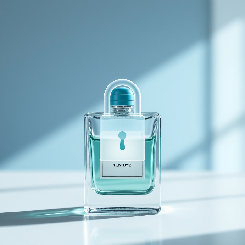 Visualize a padlock icon overlaid on a perfume bottle, symbolizing security and trust. The lighting should be soft and reassuring. Use a calming color palette with blue, gray, and white accents.