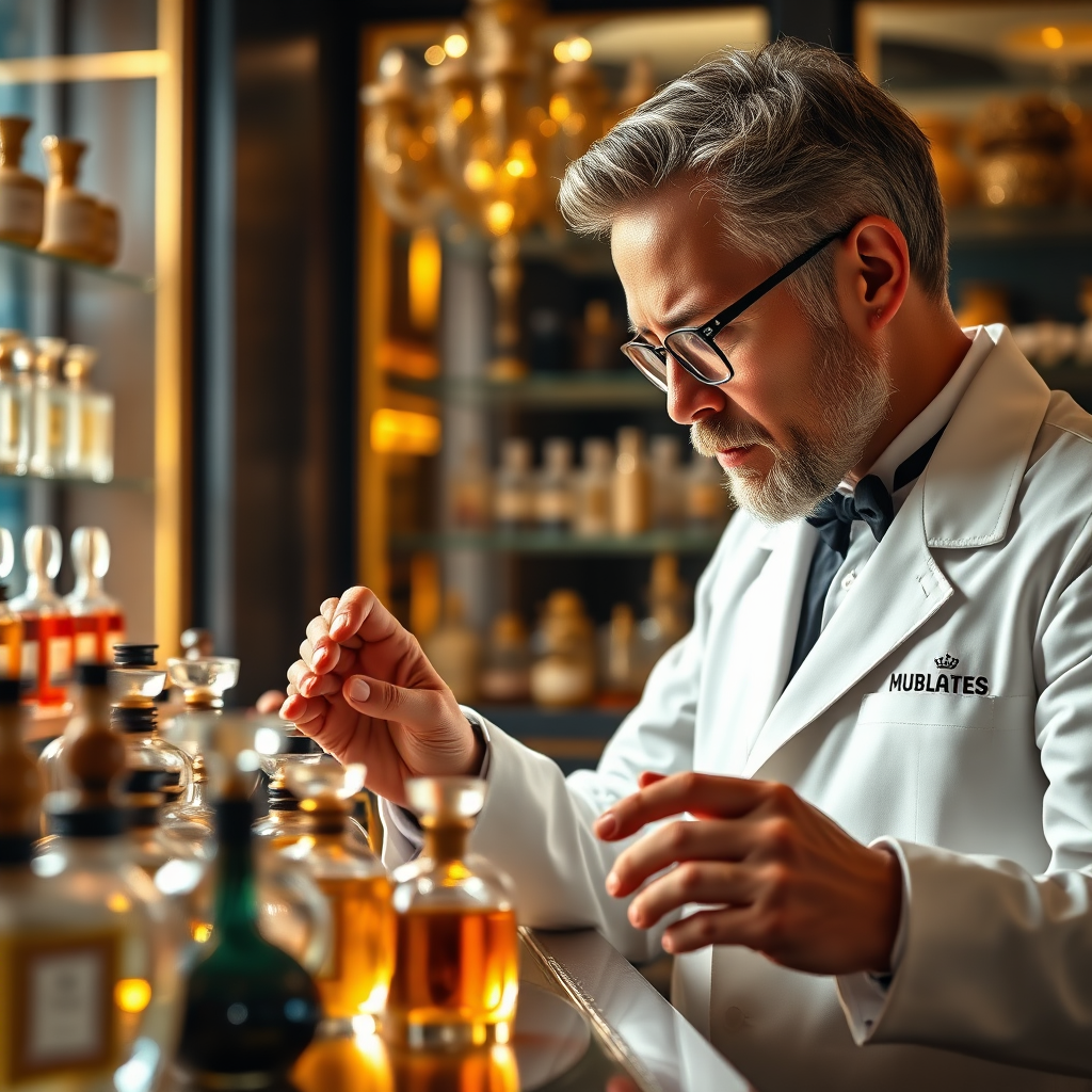 Visualize a perfume expert carefully selecting and inspecting perfume bottles in a luxurious setting. The scene should convey a sense of expertise and attention to detail. Color palette: rich and warm, with golds, ambers, and deep blues. Style: sophisticated and elegant, highlighting the curatorial process. Technical specs: 4K resolution, showcasing the expert's meticulousness.