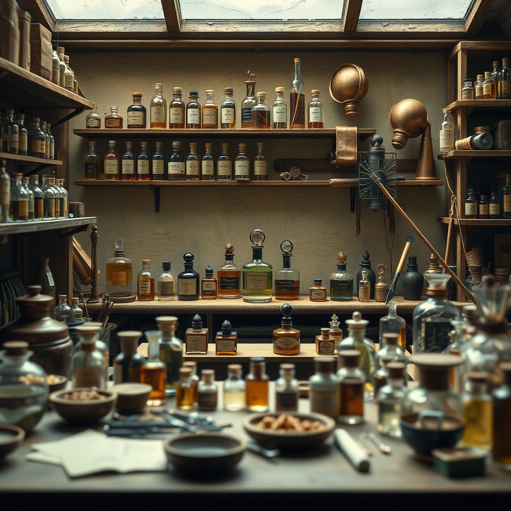 Visualize a perfumer's workspace, filled with vials, ingredients, and tools, creating a sense of artistry and expertise. Soft, natural lighting should highlight the textures and details of the scene. The color palette should be earthy and organic, with shades of green, brown, and beige.