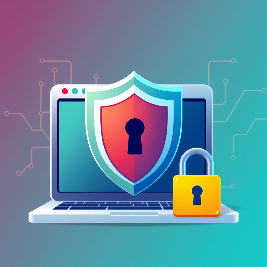 Visualize a stylized representation of a church website protected by a shield and padlock, symbolizing security and protection. Use a clean and modern design style with vibrant colors to convey a sense of confidence and reliability. In the background, show faint outlines of data packets being securely transmitted. The image should emphasize the importance of security measures in building trust and maintaining the integrity of a church's online presence.