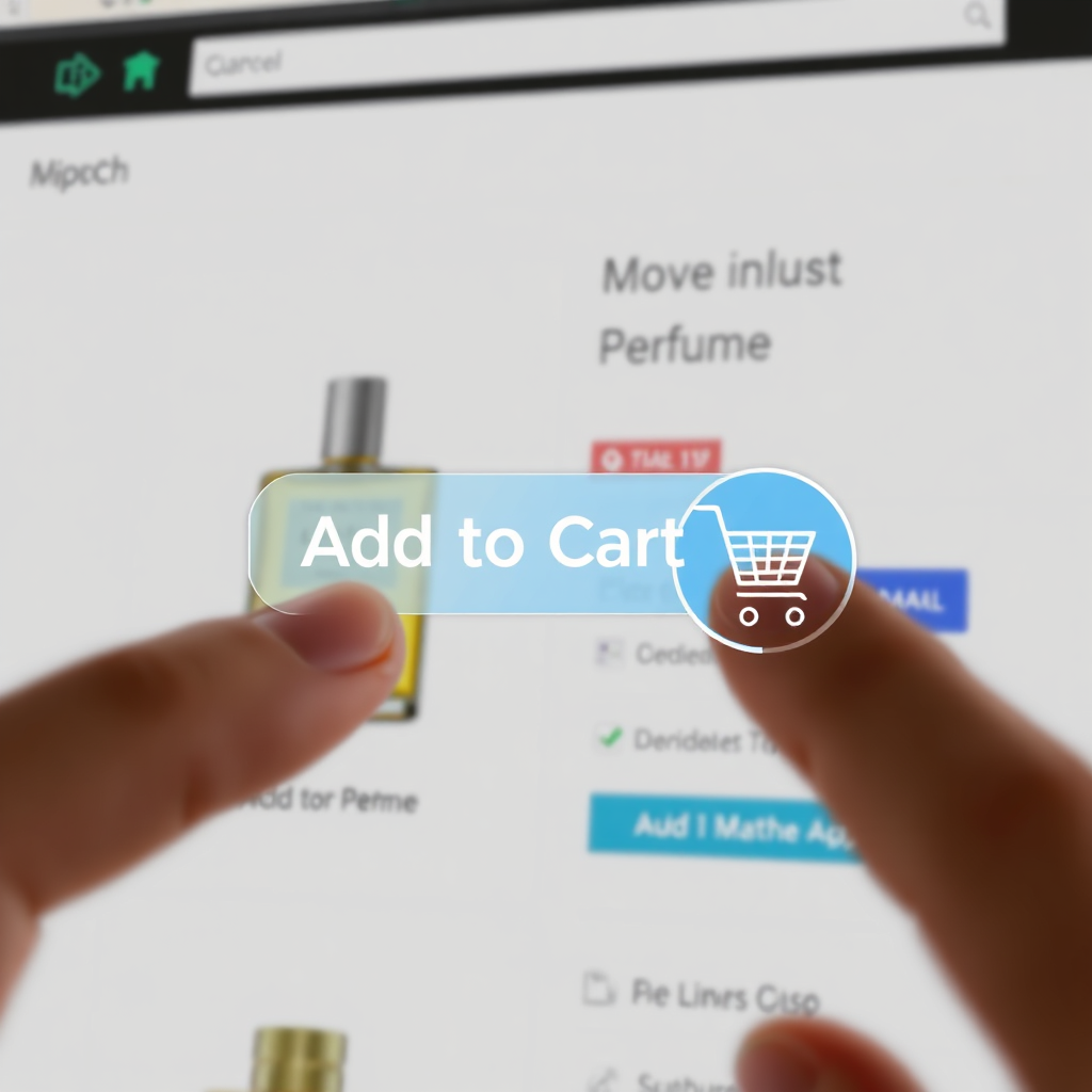 Visualize a user clicking an 'Add to Cart' button on a perfume product page. Show the animation of the product being added to a shopping cart icon in the corner of the screen. Focus on the simplicity and ease of use of the add-to-cart functionality. Color palette: bright and inviting, with a clear call-to-action button. Style: user-friendly and intuitive e-commerce design. Technical specs: 4K resolution, showcasing the animation and the seamless integration of the add-to-cart feature.