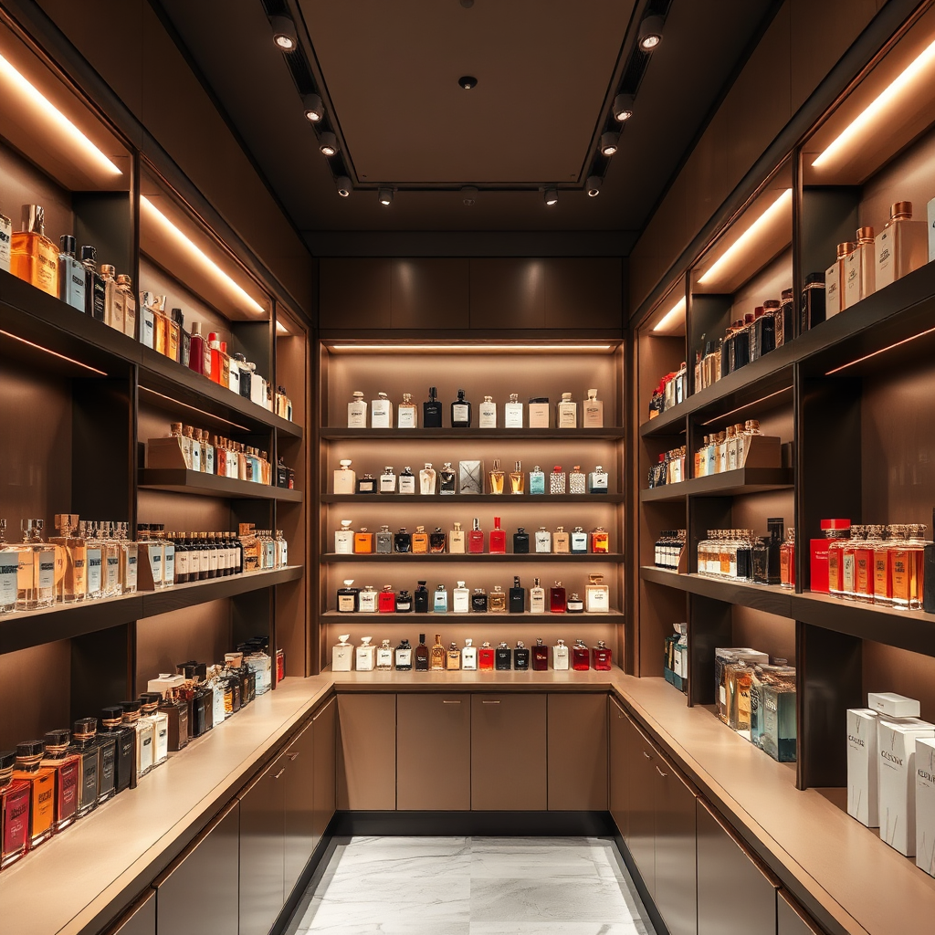 Visualize a wide array of perfume bottles displayed on elegant shelves in a high-end boutique. The lighting should be soft and inviting, creating a sense of exploration and discovery. Use a warm, neutral color palette with pops of color from the perfume packaging. The camera angle should be a medium shot, showcasing the variety of options available.