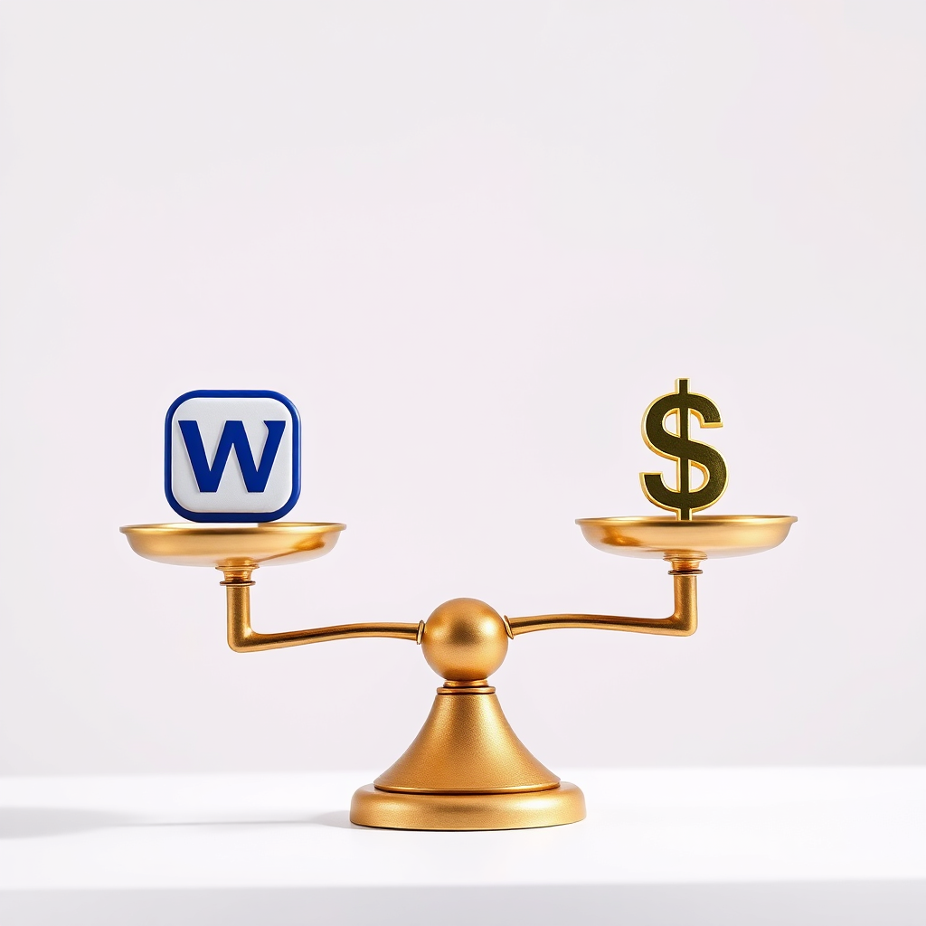 A balanced scale with a website icon on one side and a dollar sign on the other, symbolizing value for money. The background is a clean, professional setting in line with the brand's color scheme. 4k resolution.