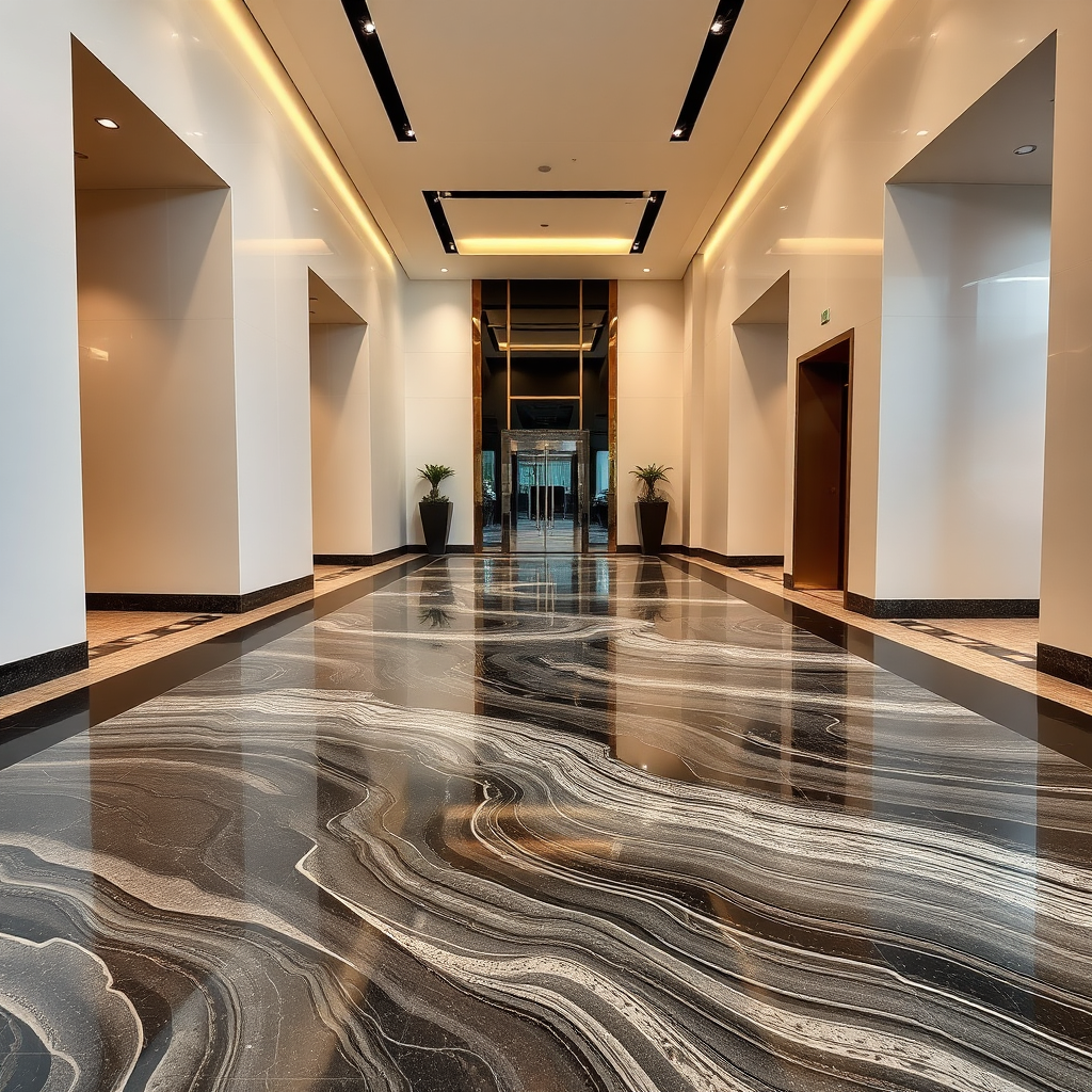 3D epoxy decorative flooring in a modern lobby