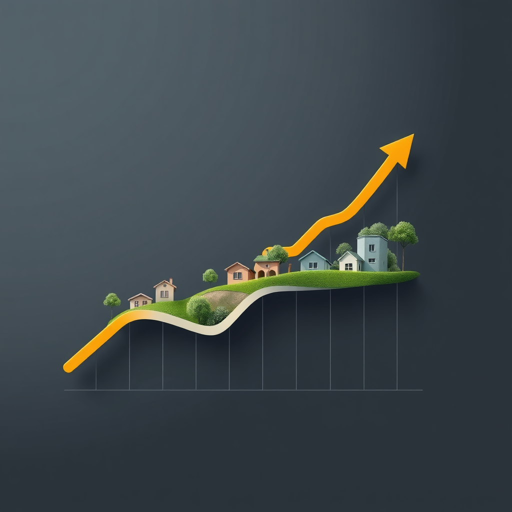 A photorealistic image of a graph trending upwards, symbolizing growth and success. Overlaid on the graph are subtle images of houses and land, representing the company's focus on real estate. The color palette is professional and optimistic.