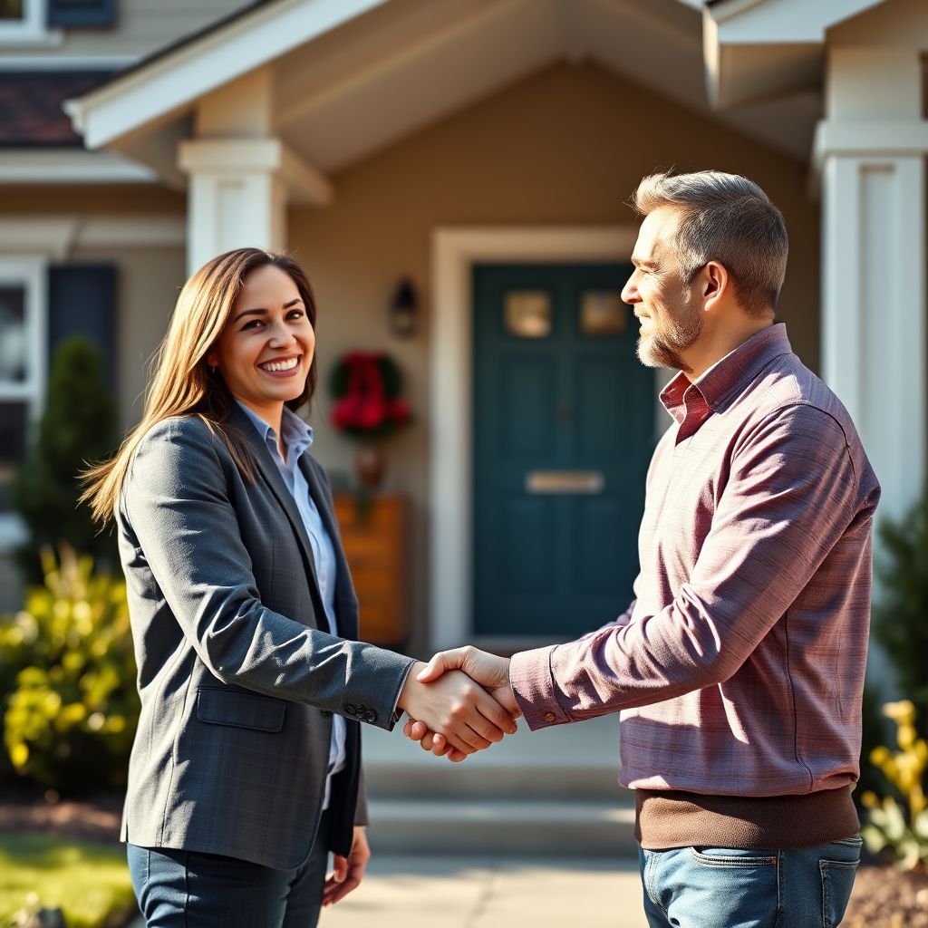 A photorealistic image of a handshake between a realtor and a satisfied client in front of a newly purchased home. The client is smiling broadly, and the realtor exudes trustworthiness and professionalism. The lighting is warm and inviting, creating a sense of accomplishment and satisfaction.