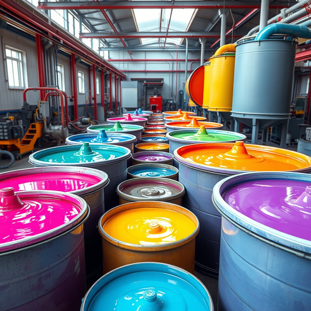 A photorealistic image of a paint factory with large vats filled with vibrant colored paints. The scene is well-lit, showcasing the industrial processes and the variety of colors. 4K resolution.