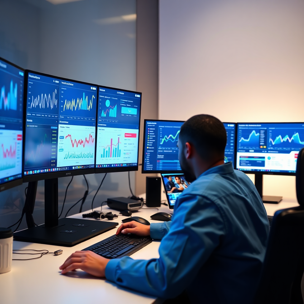  A photorealistic image of a person managing online ad campaigns on multiple screens. The screens display ad dashboards, analytics, and creative assets. The color palette is blue and white, with pops of color to represent different ad platforms. The lighting is bright and focused, highlighting the screens. Camera angle is slightly high, showcasing the workspace. 4K resolution.