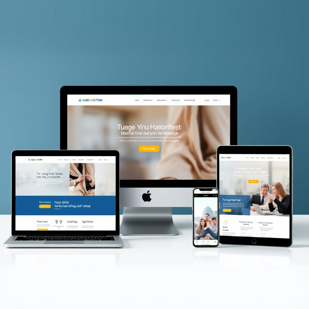 A photorealistic image of a sleek, responsive website design displayed on various devices (desktop, tablet, mobile). The website features a clean, modern layout with a clear call-to-action. The background is blurred, focusing attention on the website itself. The color palette emphasizes the blue, gold, and white theme. Lighting is soft and natural.