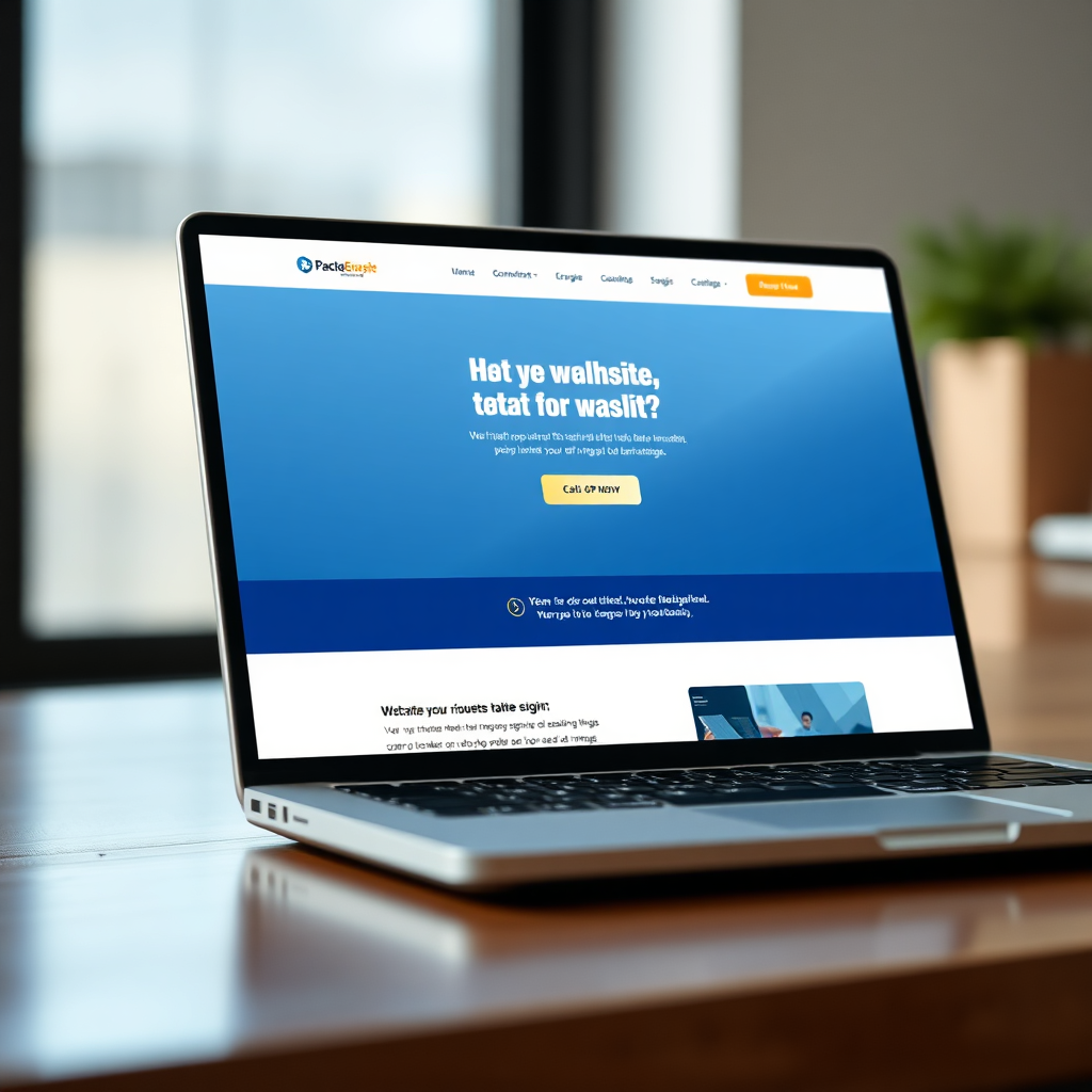  A photorealistic image of a sleek, modern website design displayed on a laptop screen. The website showcases a clean, minimalist layout with a clear call-to-action. The background is blurred, focusing attention on the website itself. The color palette emphasizes the blue, gold, and white theme. Lighting is soft and natural, highlighting the website's user interface. Camera angle is slightly angled, showcasing the laptop's screen. 4K resolution.