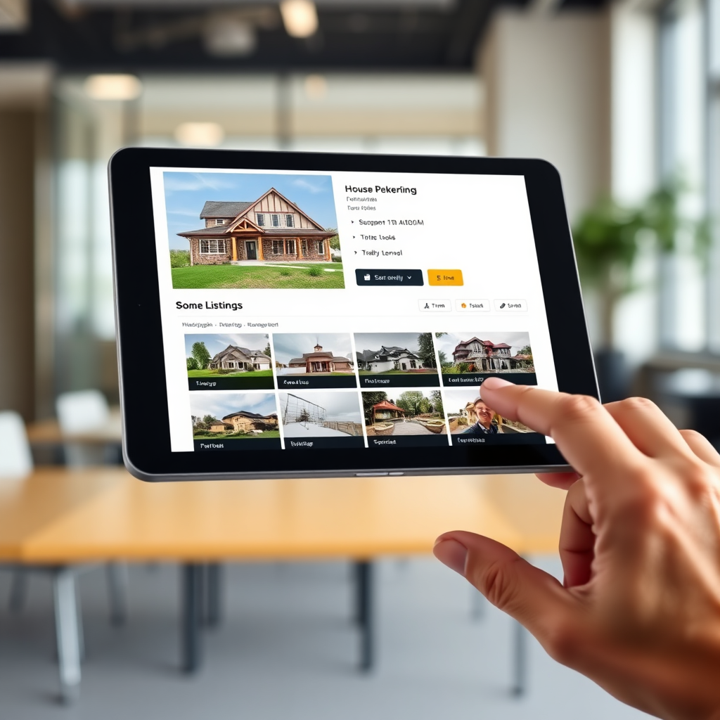 A photorealistic image of a tablet displaying a house listing with detailed information and high-quality photographs. The user is interacting with the tablet, scrolling through the listing. The background is a modern office setting. Focus on clarity and detail.